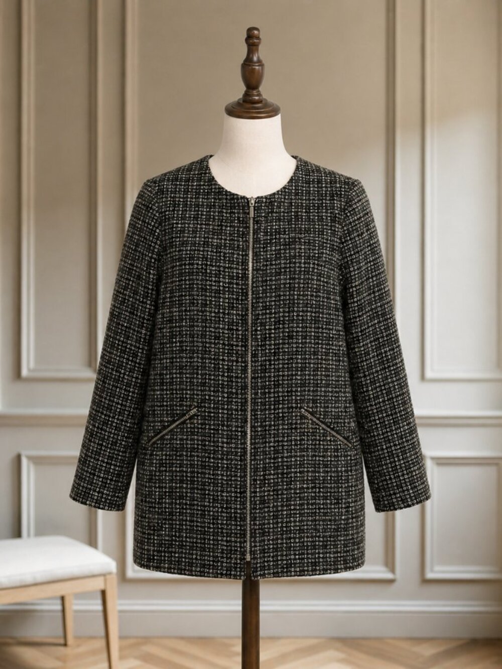 Woven Zippered Jacket Black White Lined Pockets S